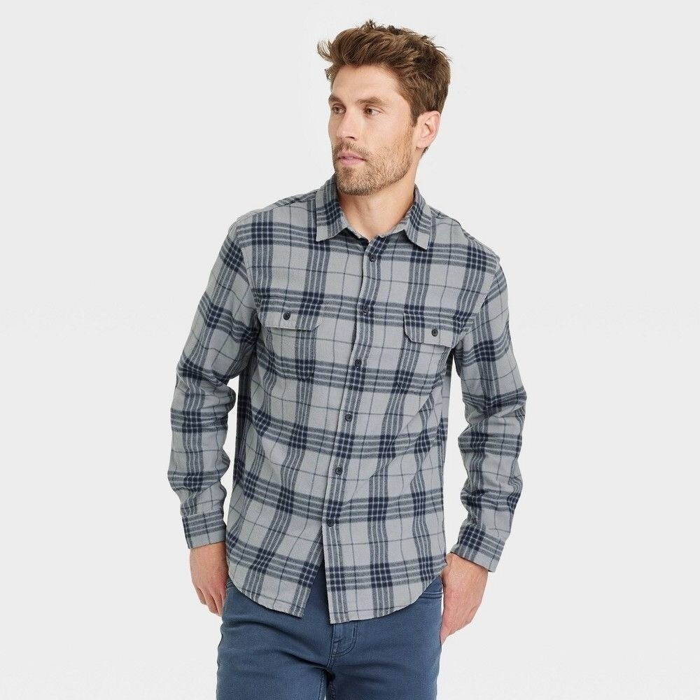 Men's Midweight Flannel Long Sleeve Button-Down‎ Shirt Gray, Medium